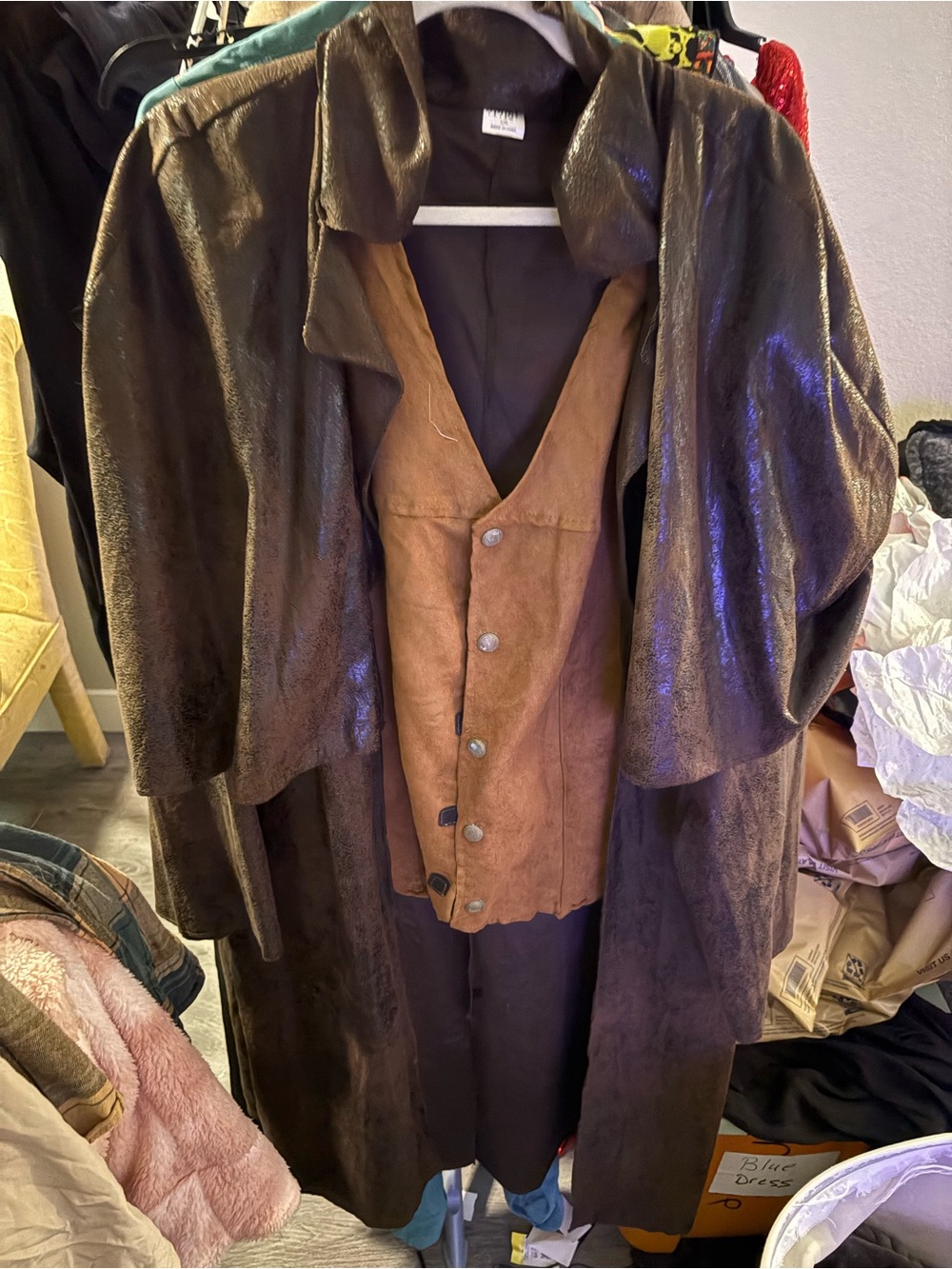 Dark Brown Faux Leather Trench Coat with Brown Suede Vest